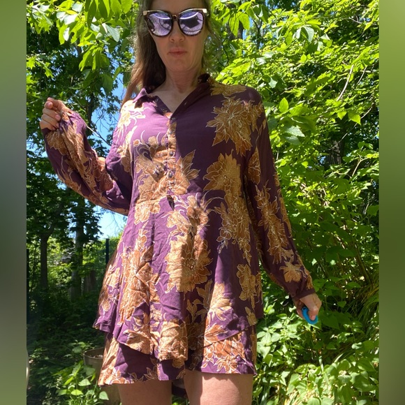 Free People shake It Floral Burgundy Ruffle Boho Tie Pullover Mini Dress… - Picture 10 of 13